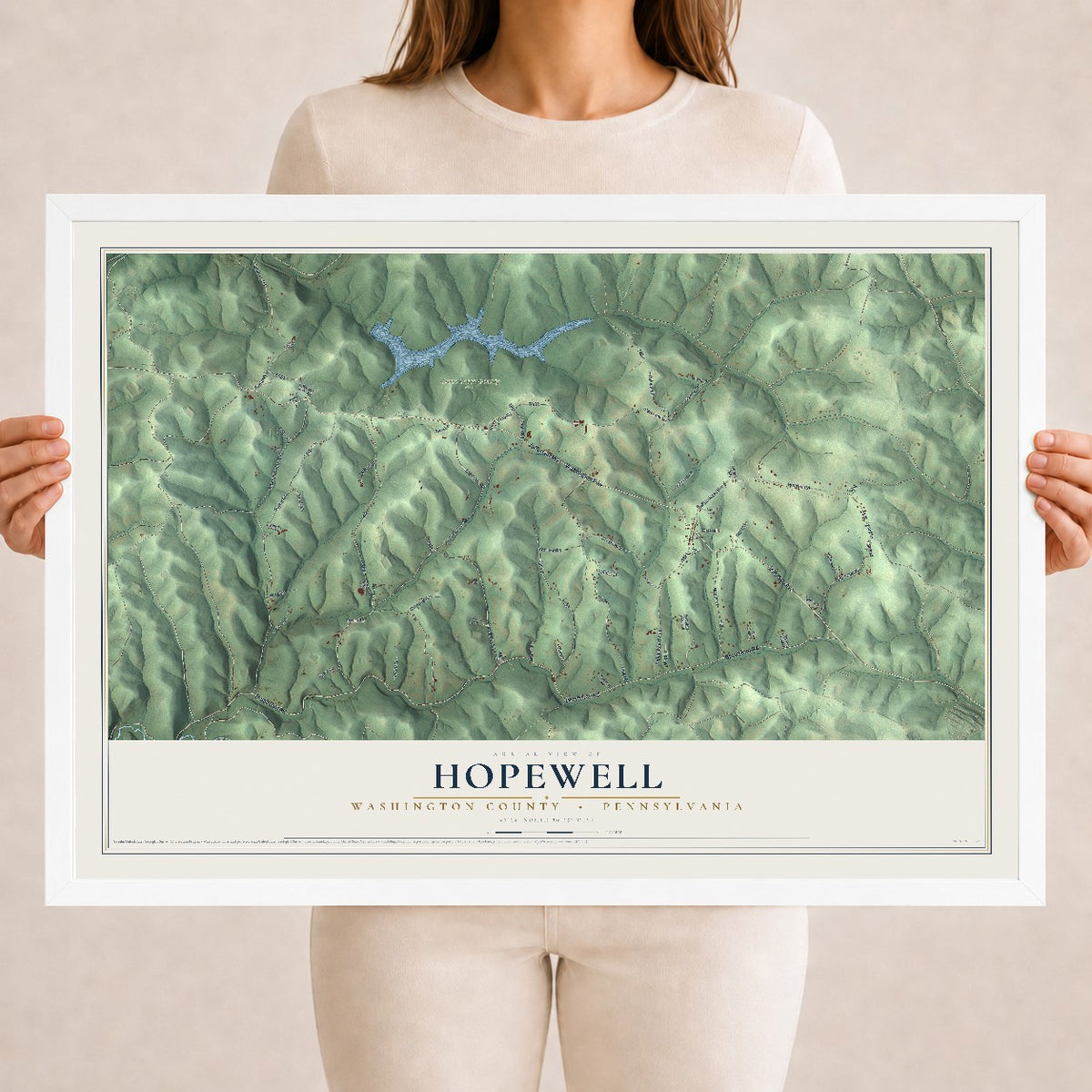 Map of Hopewell, Washington County, Pennsylvania, 18 x 24 inch print in a white wood frame