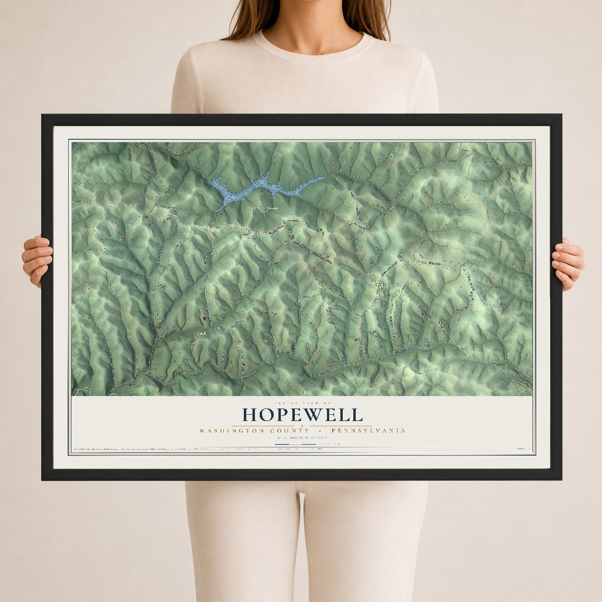 Map of Hopewell, Washington County, Pennsylvania, 24 x 36 inch print in a black wood frame