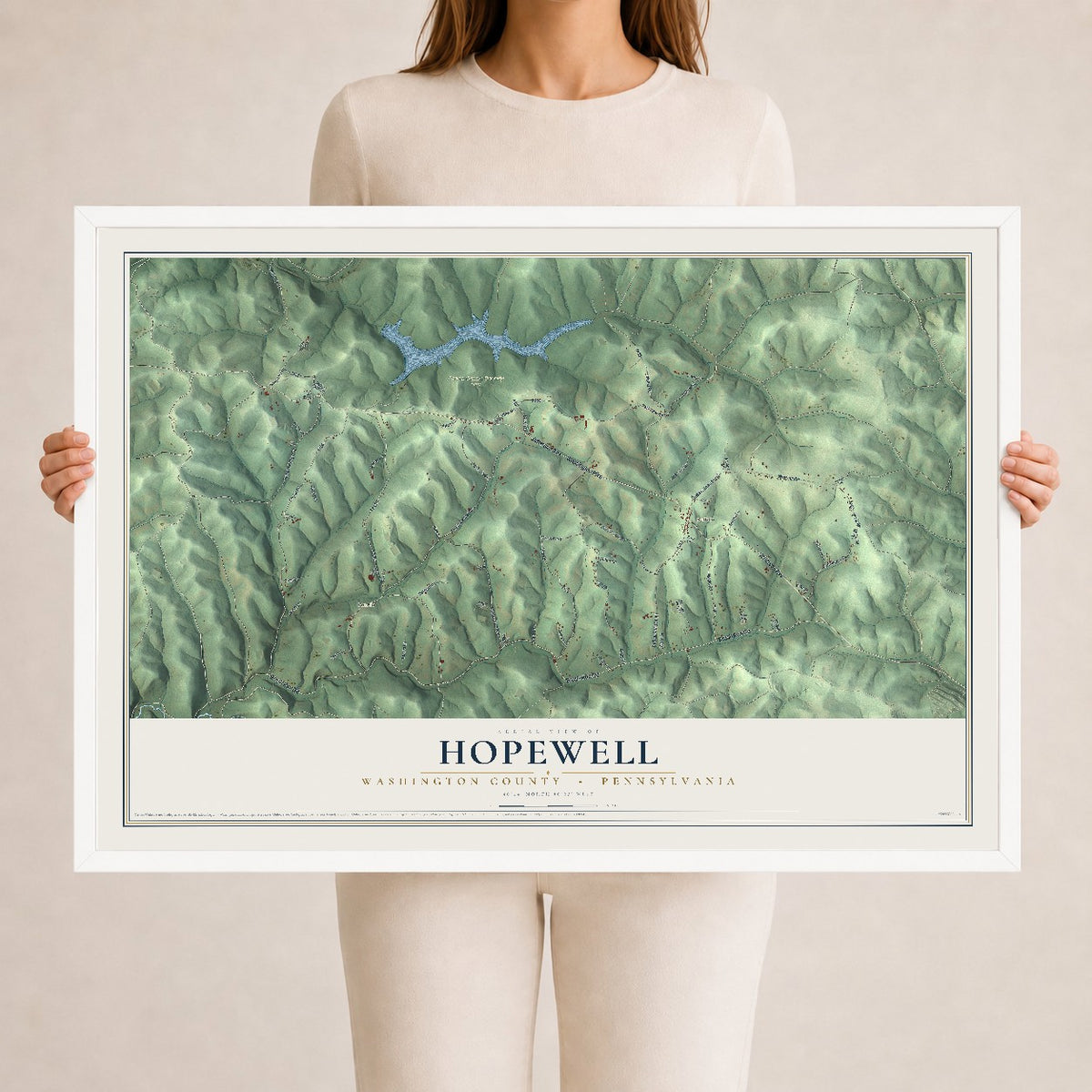 Map of Hopewell, Washington County, Pennsylvania, 24 x 36 inch print in a white wood frame