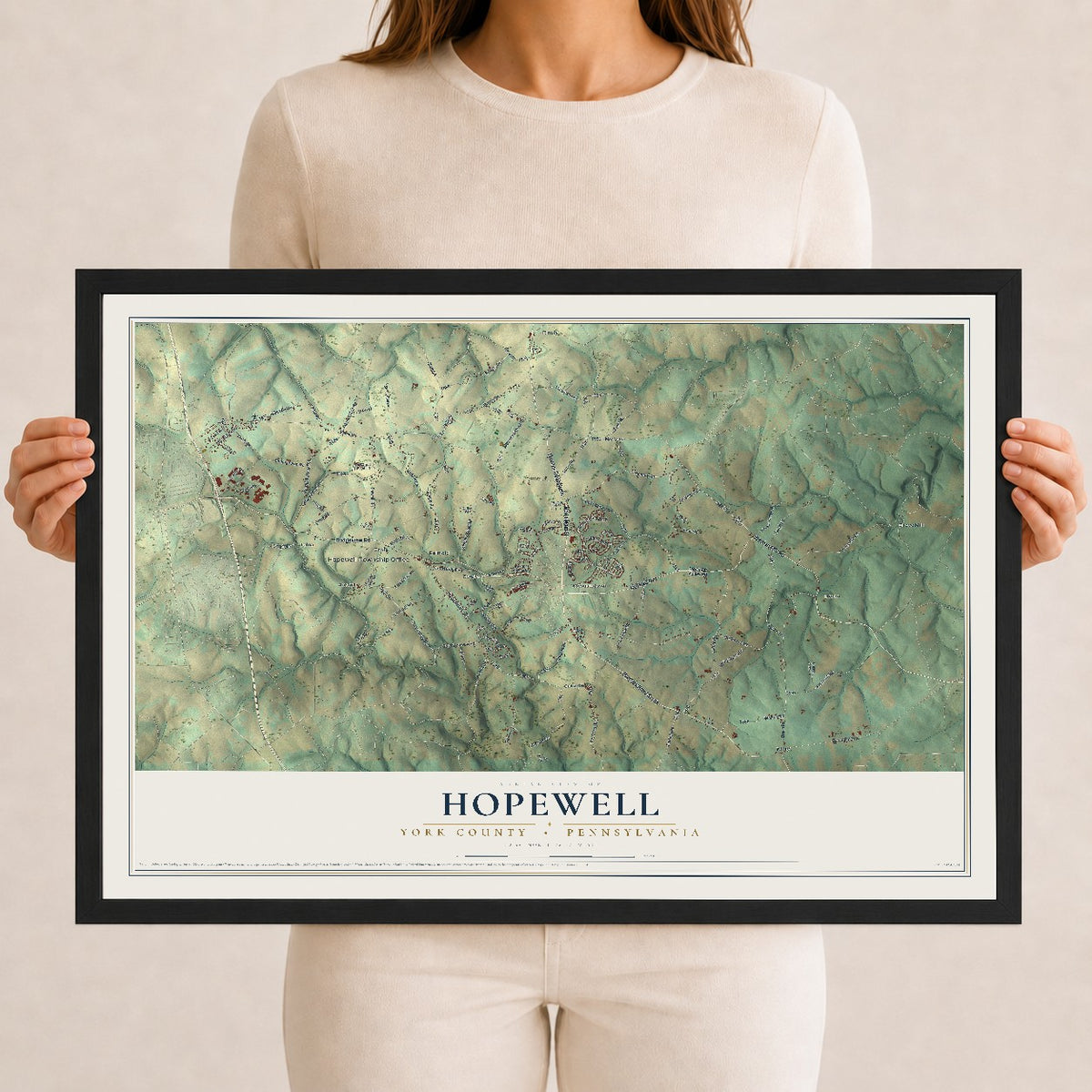 Map of Hopewell, York County, Pennsylvania, 12 x 18 inch print in a black wood frame