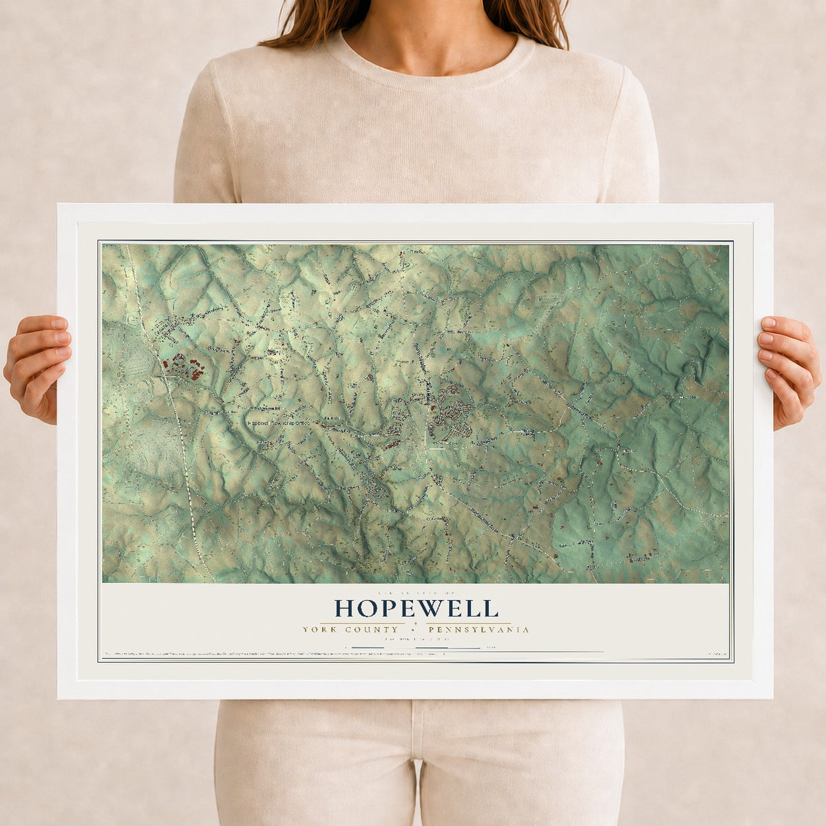 Map of Hopewell, York County, Pennsylvania, 12 x 18 inch print in a white wood frame