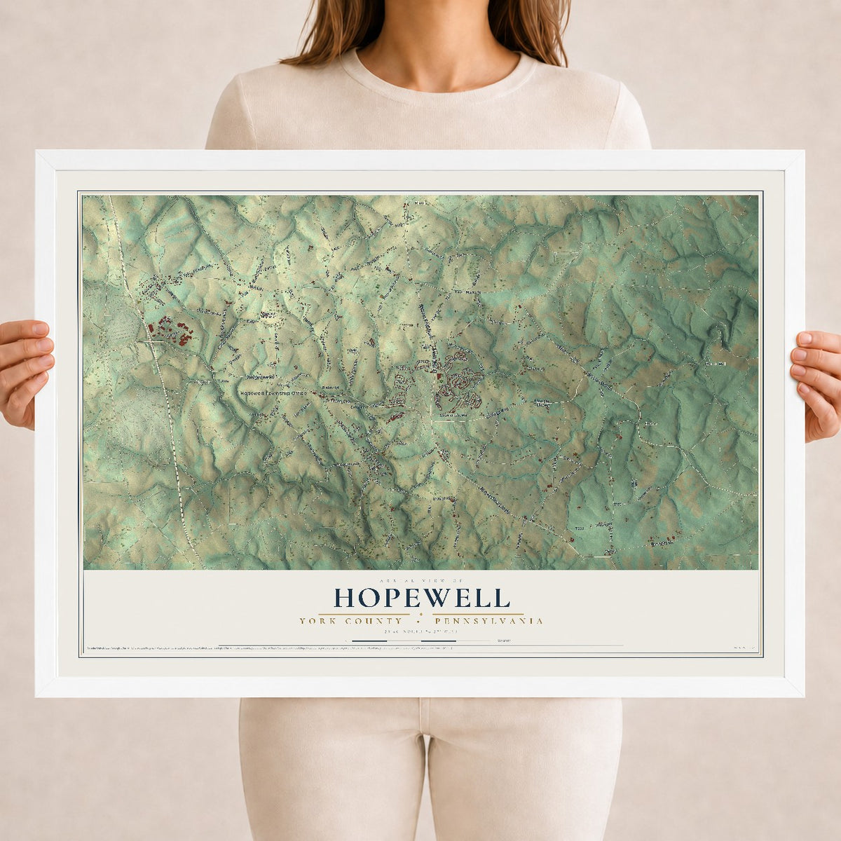 Map of Hopewell, York County, Pennsylvania, 18 x 24 inch print in a white wood frame