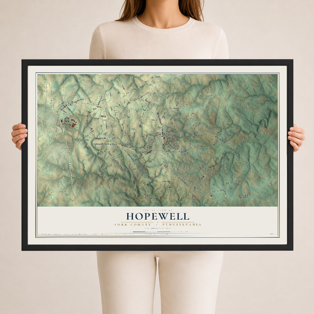 Map of Hopewell, York County, Pennsylvania, 24 x 36 inch print in a black wood frame