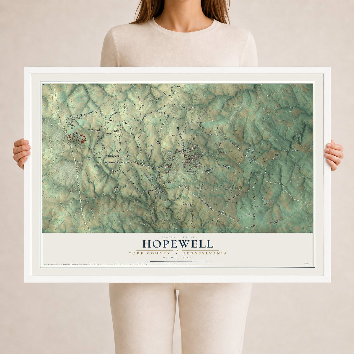 Map of Hopewell, York County, Pennsylvania, 24 x 36 inch print in a white wood frame