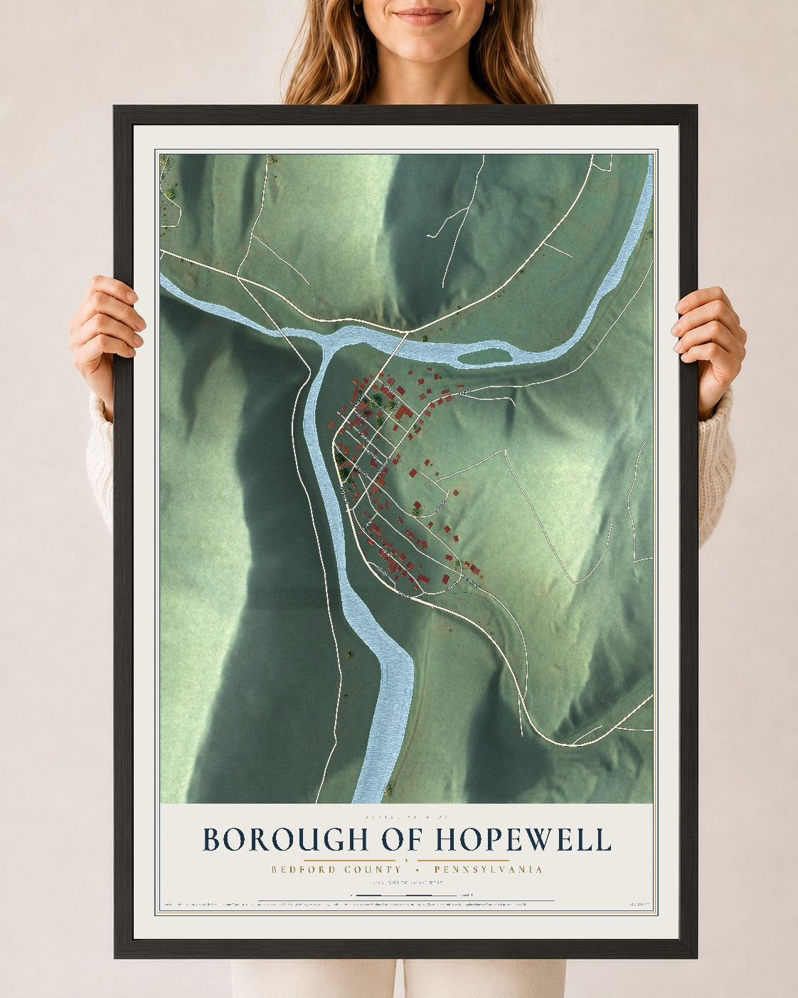 Map of the Borough of Hopewell, Bedford County, Pennsylvania, 24 x 36 inch print in a black wood frame