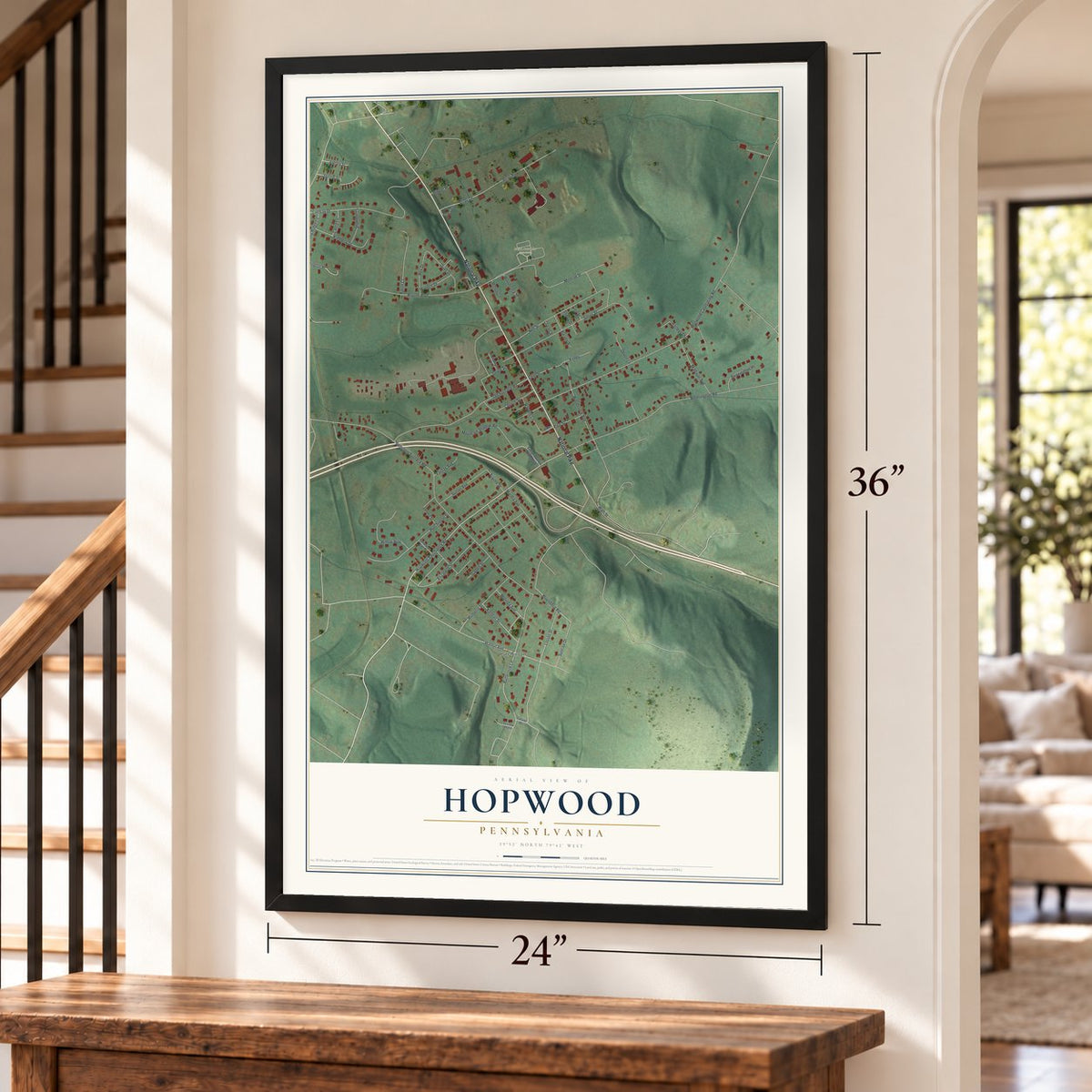 Hopwood, Pennsylvania map, 24 x 36 inch print in a black frame by a staircase