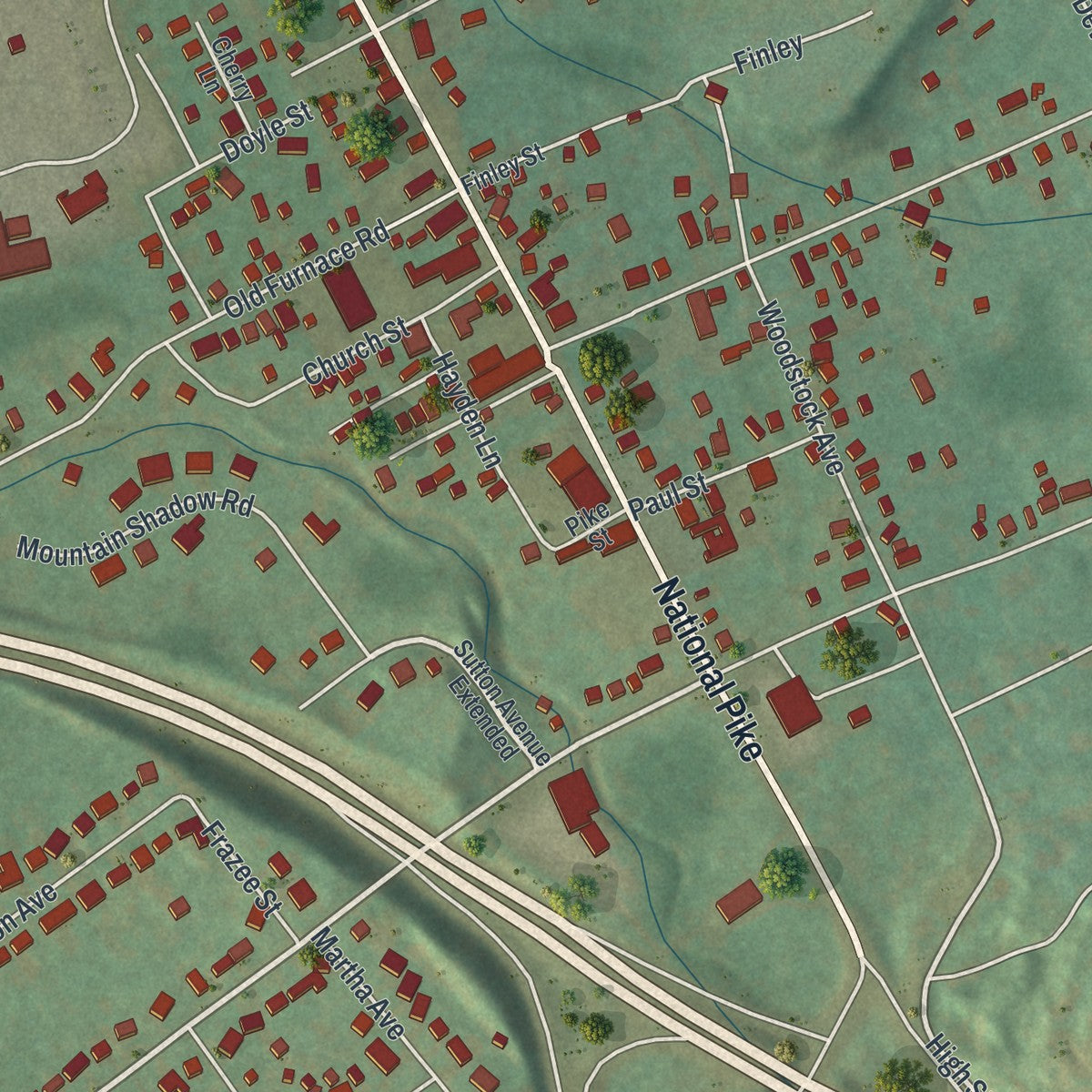 Close-up of the map of Hopwood, Pennsylvania print showing street and building detail