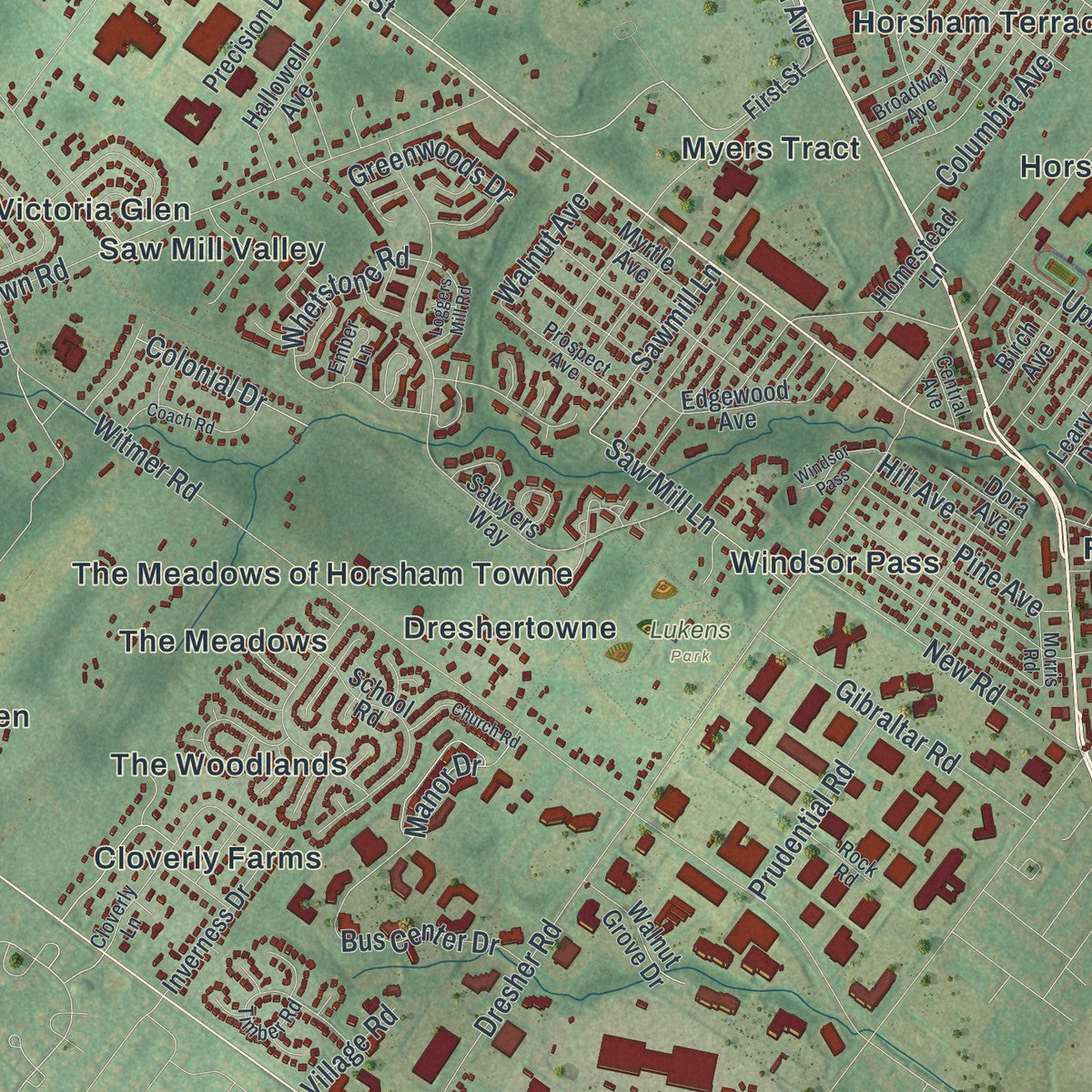 Close-up of the map of Horsham, Pennsylvania print showing street and building detail