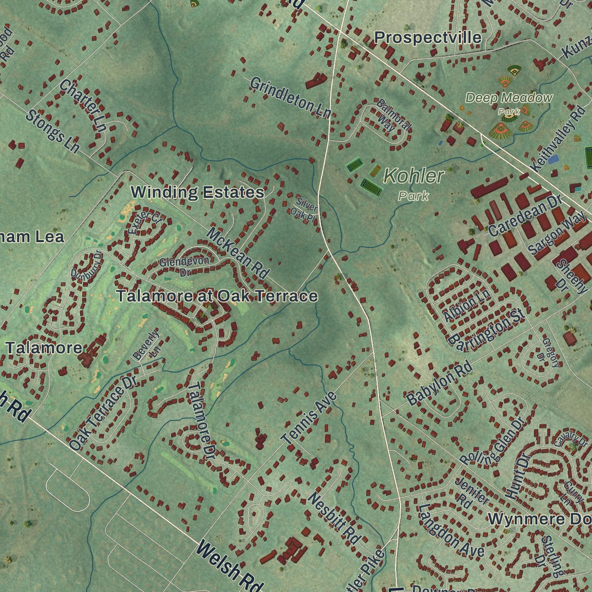 Second close-up of the map of Horsham, Pennsylvania print showing more streets and buildings