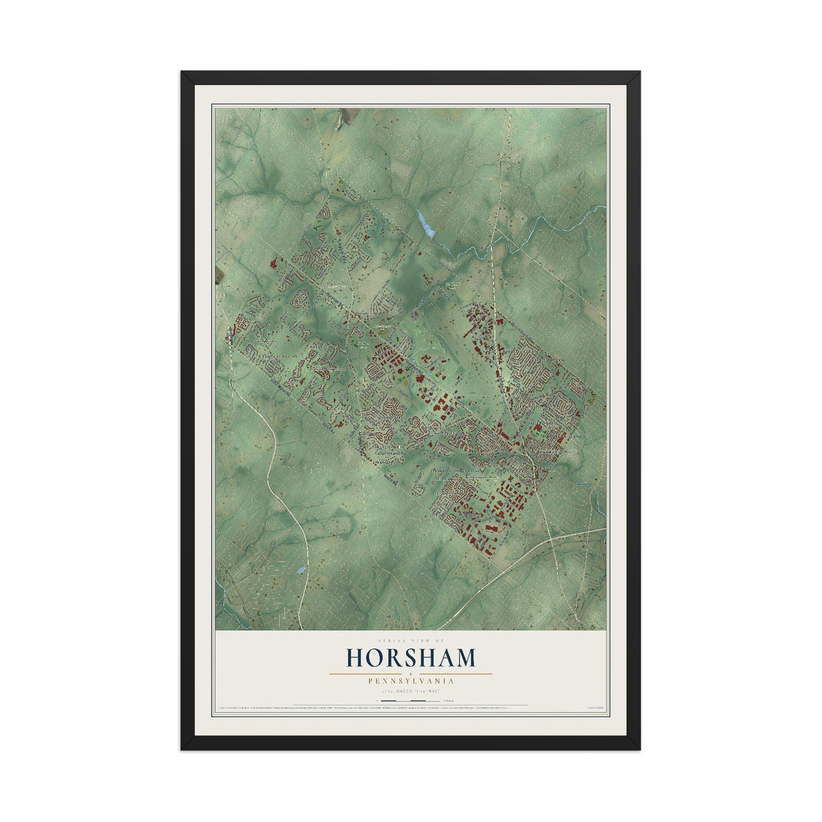 Map of Horsham, Pennsylvania, 12 x 18 inch print in a black wood frame