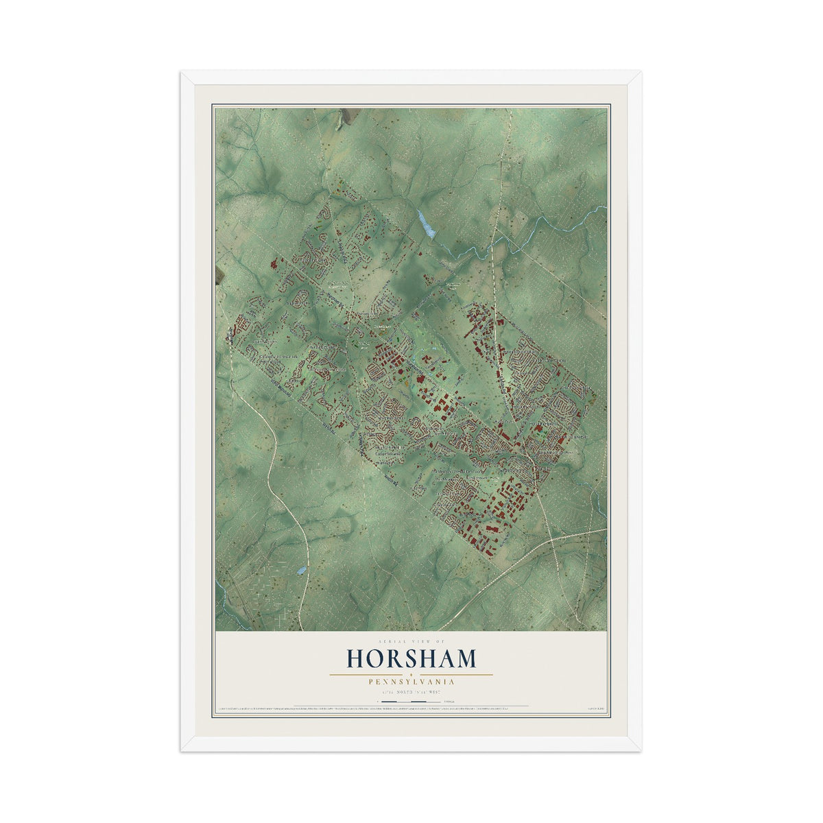 Map of Horsham, Pennsylvania, 12 x 18 inch print in a white wood frame