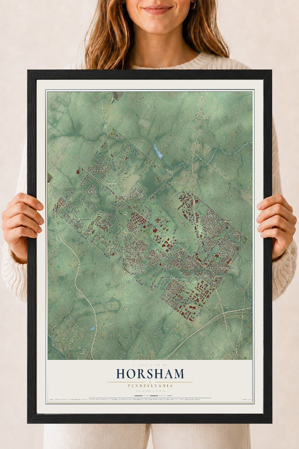 Map of Horsham, Pennsylvania, 18 x 24 inch print in a black wood frame