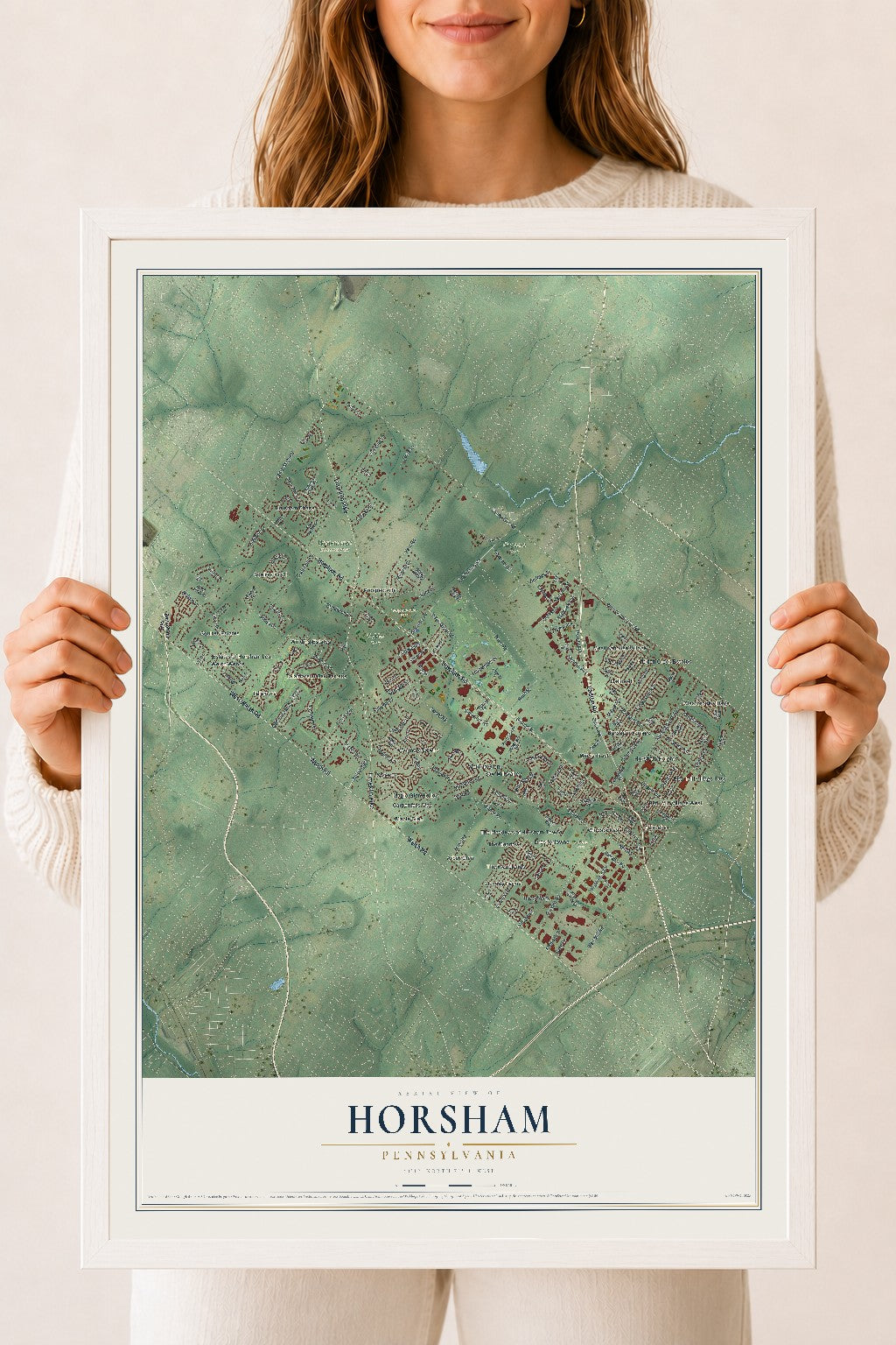 Map of Horsham, Pennsylvania, 18 x 24 inch print in a white wood frame