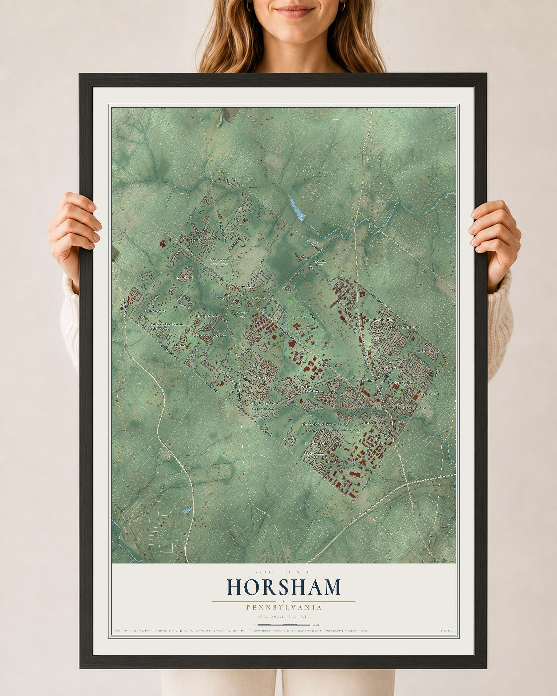Map of Horsham, Pennsylvania, 24 x 36 inch print in a black wood frame