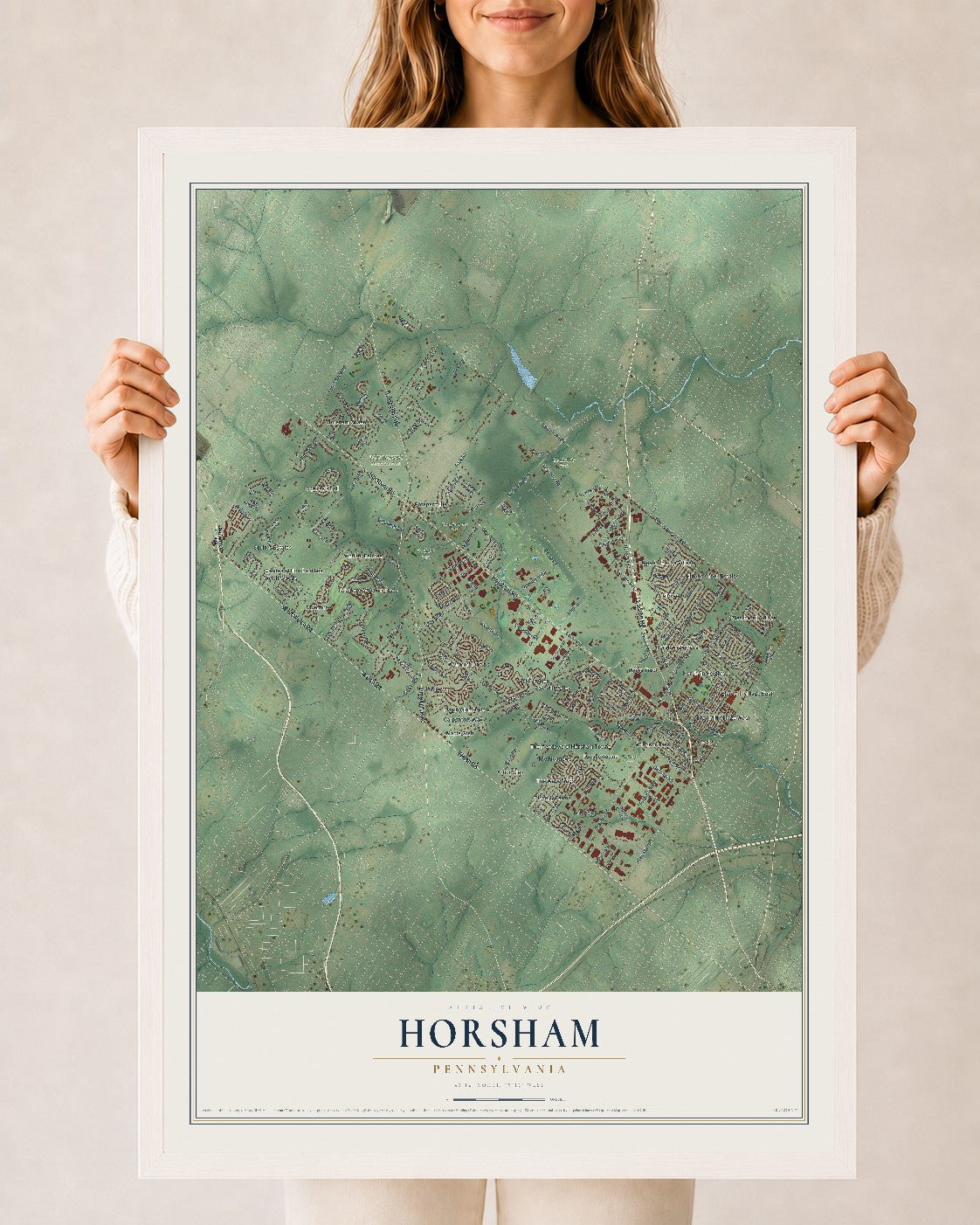 Map of Horsham, Pennsylvania, 24 x 36 inch print in a white wood frame