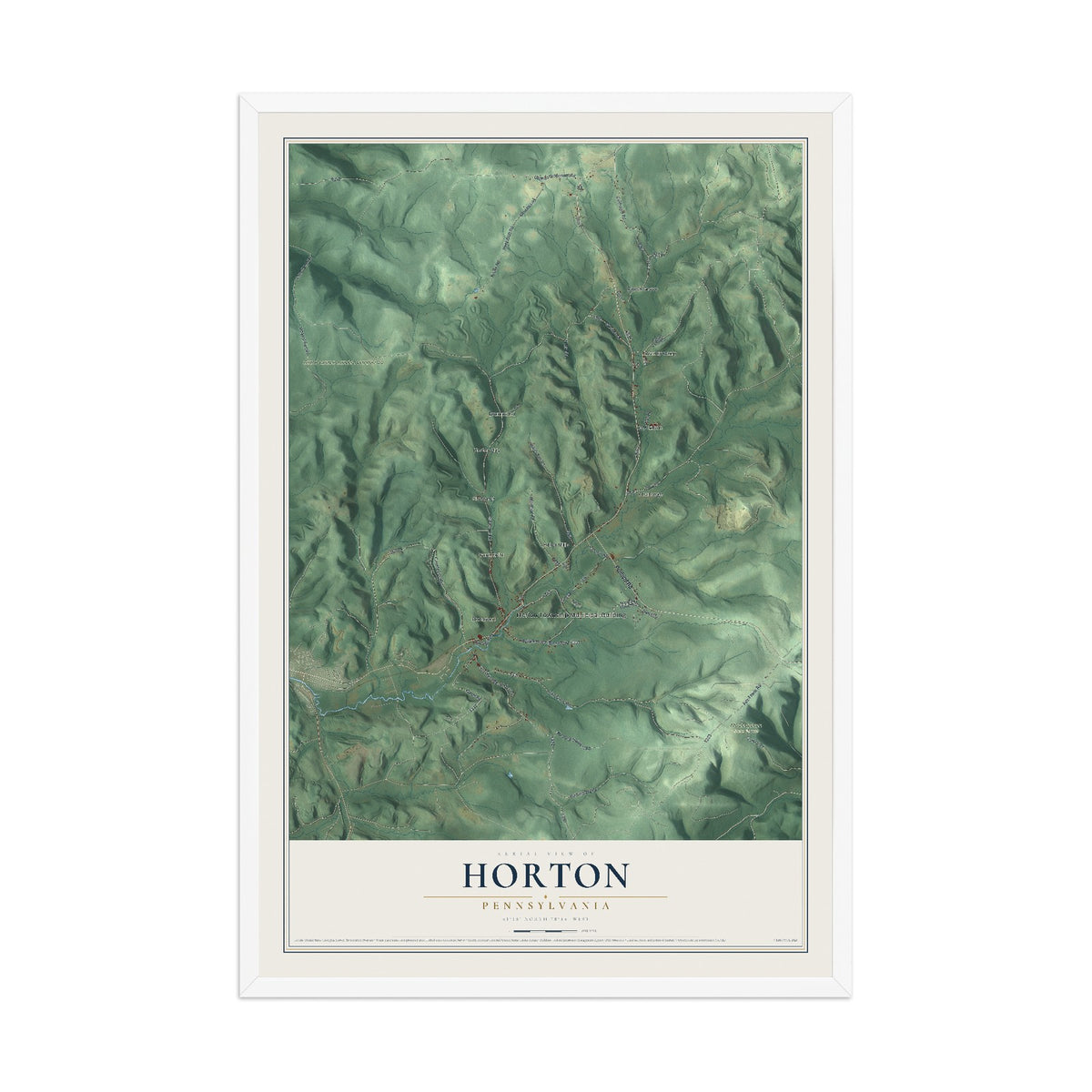 Map of Horton, Pennsylvania, 12 x 18 inch print in a white wood frame
