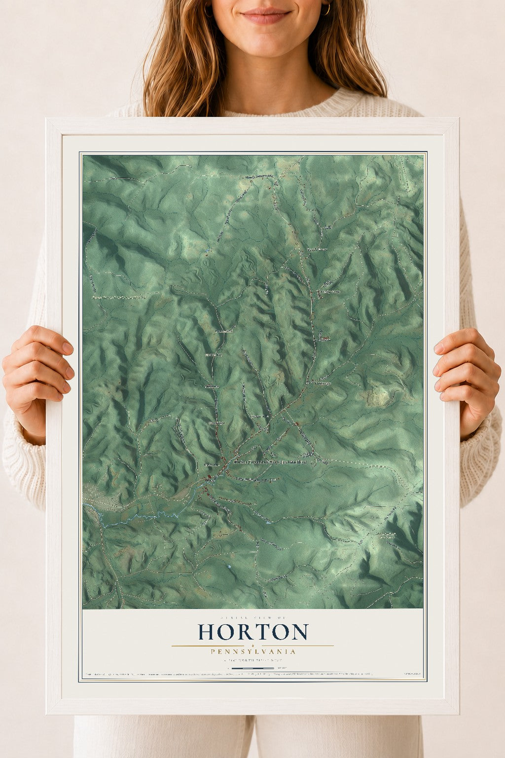 Map of Horton, Pennsylvania, 18 x 24 inch print in a white wood frame