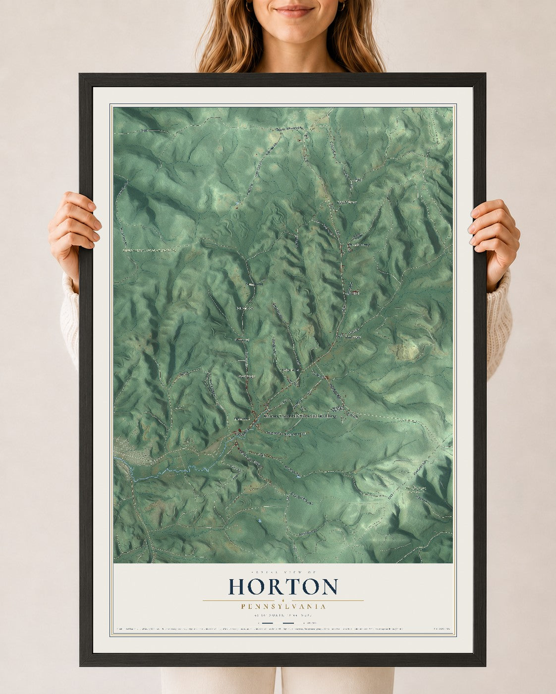Map of Horton, Pennsylvania, 24 x 36 inch print in a black wood frame