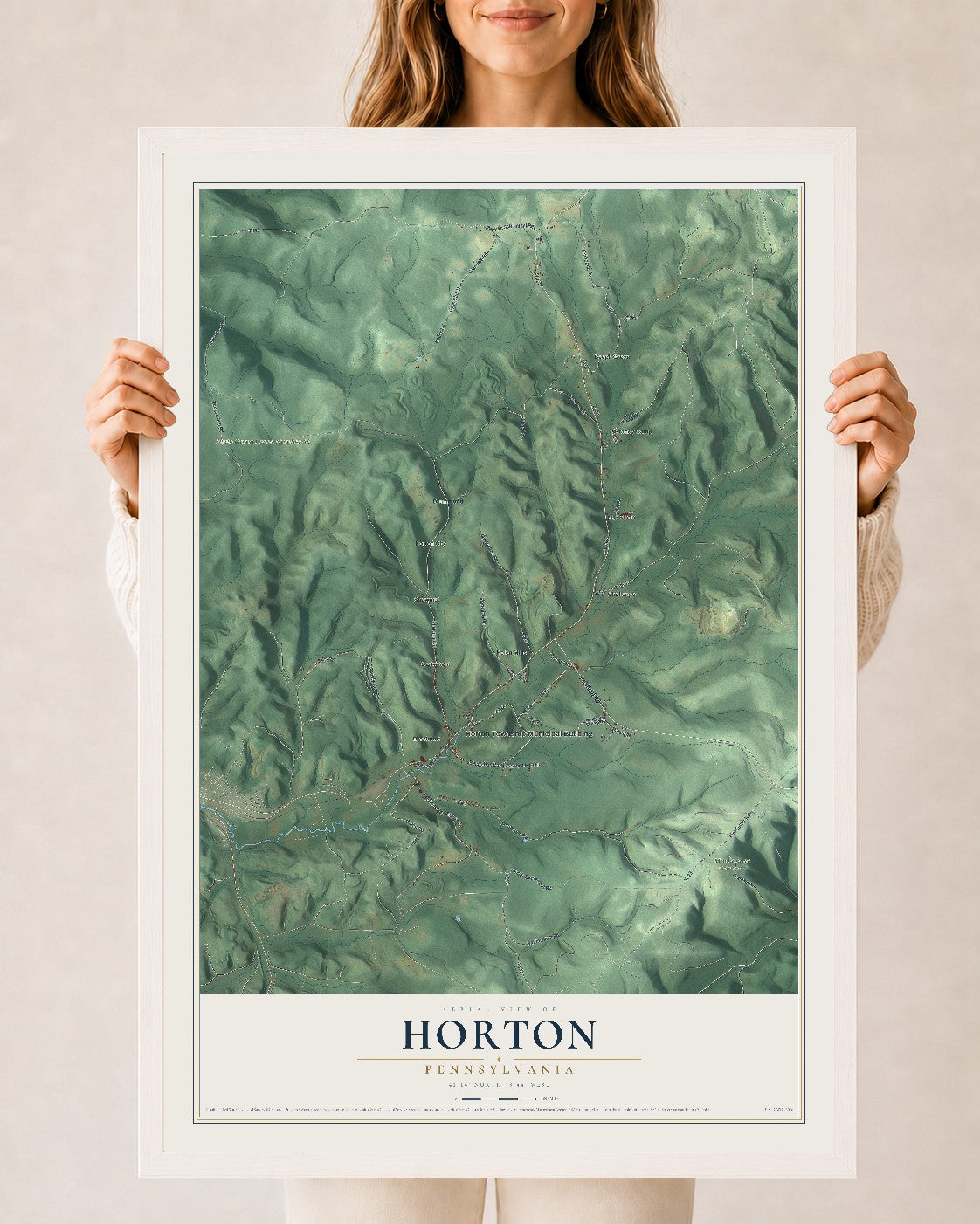 Map of Horton, Pennsylvania, 24 x 36 inch print in a white wood frame