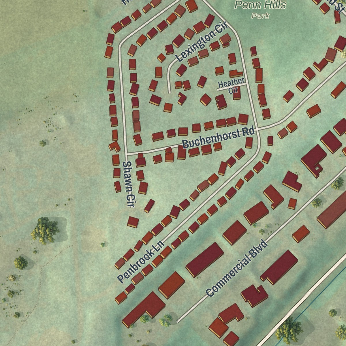 Close-up of the map of Houserville, Pennsylvania print showing street and building detail