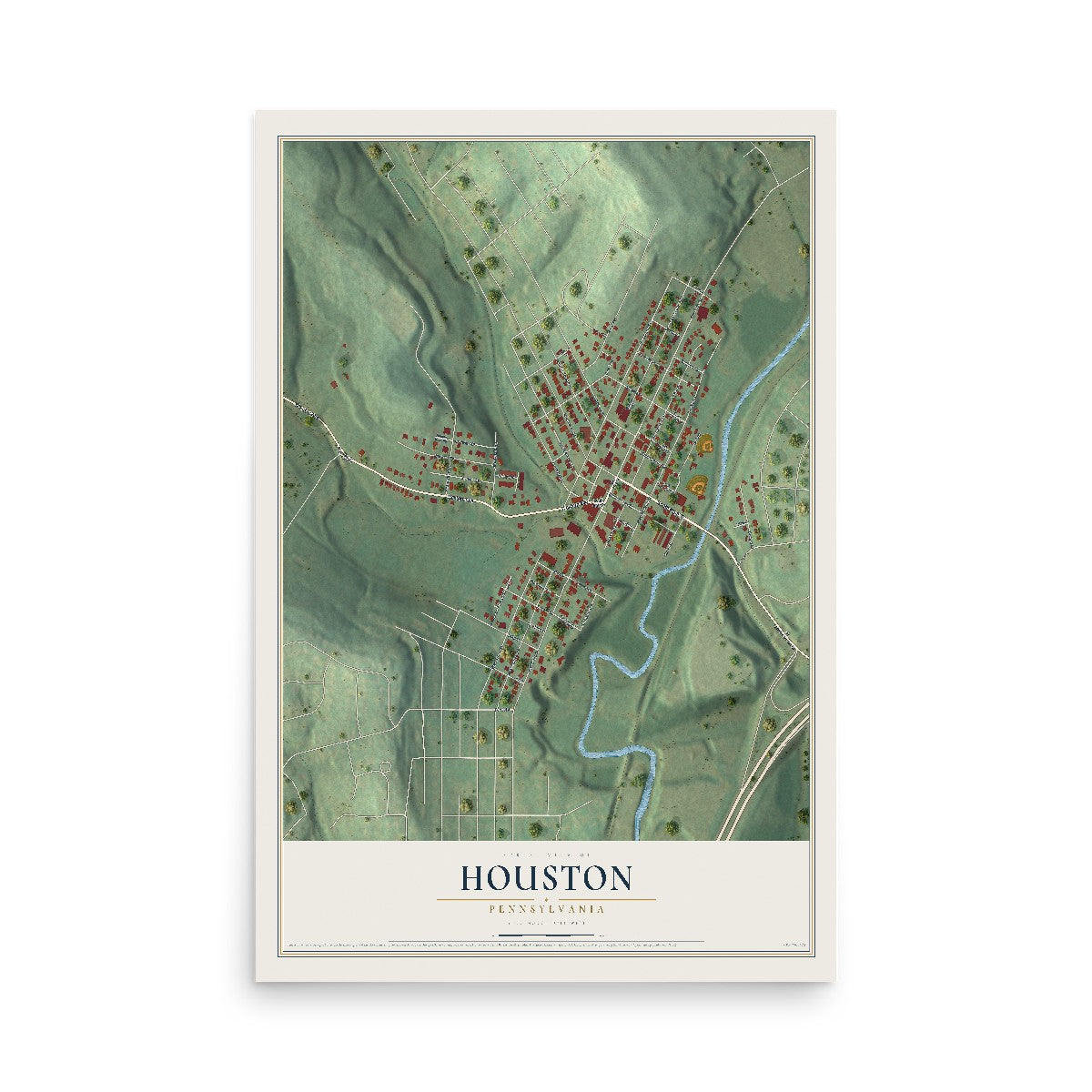 Map of Houston, Pennsylvania, 12 x 18 inch unframed archival matte print