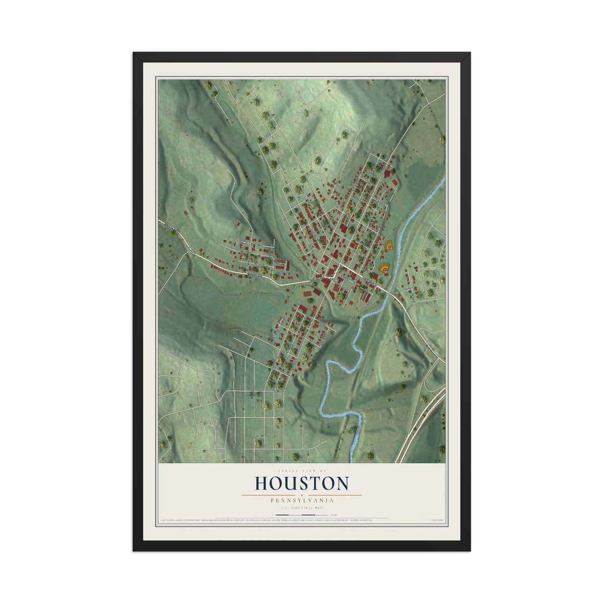 Map of Houston, Pennsylvania, 12 x 18 inch print in a black wood frame