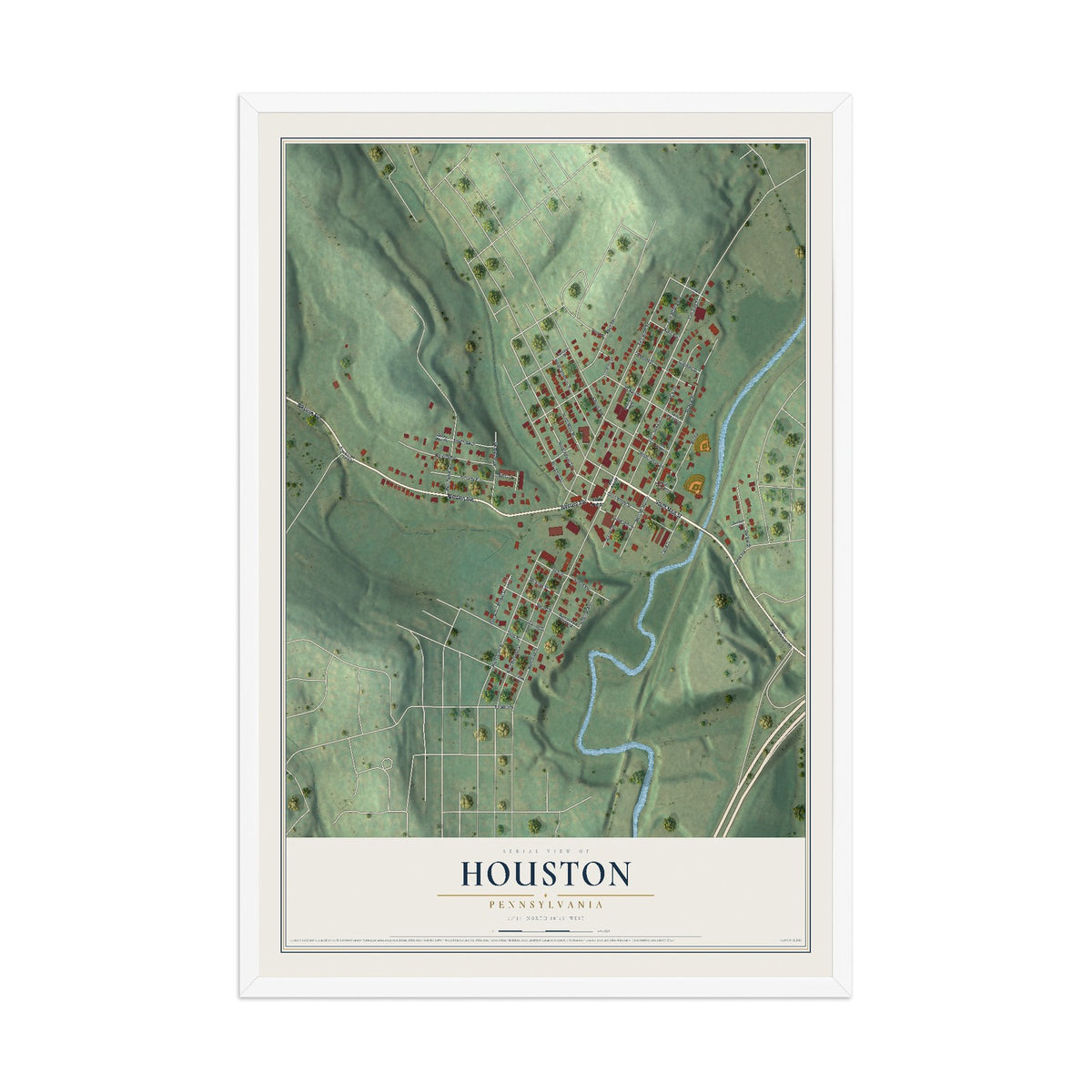 Map of Houston, Pennsylvania, 12 x 18 inch print in a white wood frame
