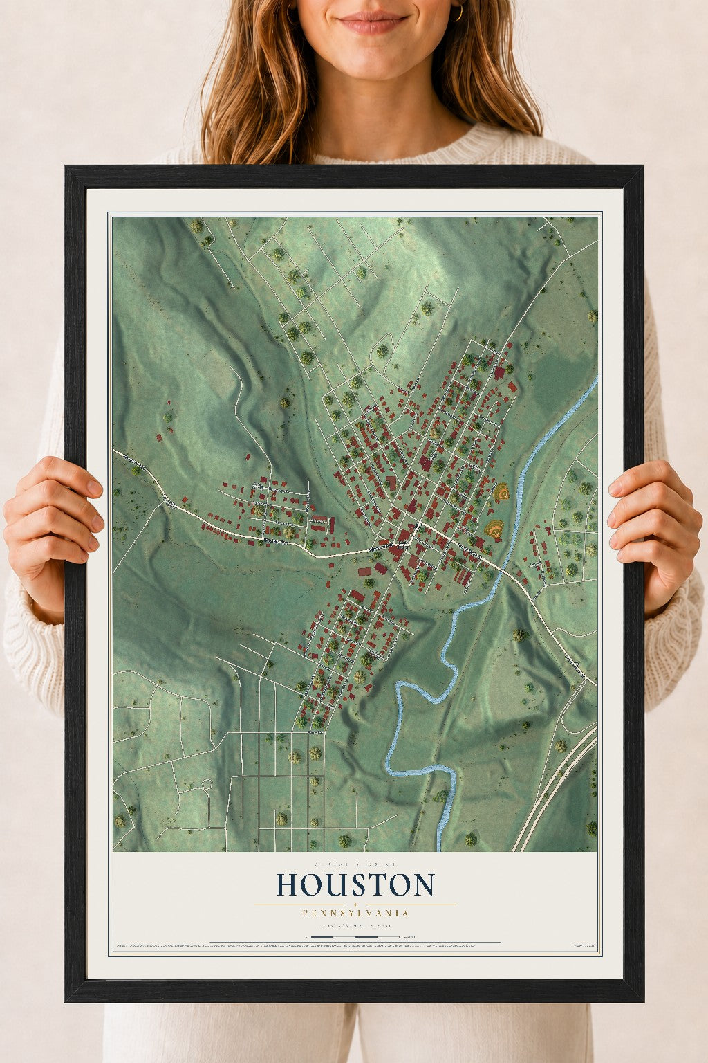 Map of Houston, Pennsylvania, 18 x 24 inch print in a black wood frame