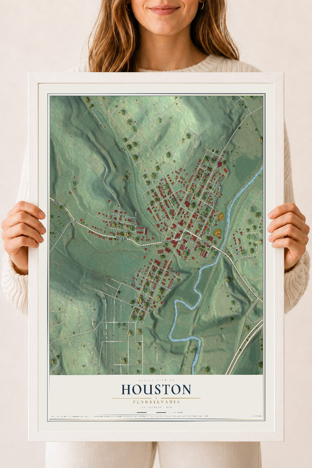 Map of Houston, Pennsylvania, 18 x 24 inch print in a white wood frame