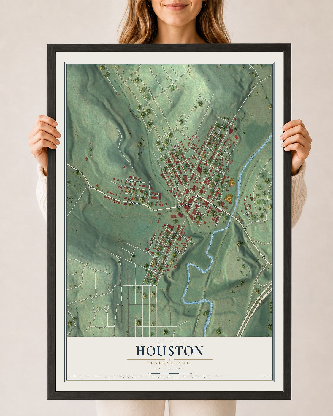 Map of Houston, Pennsylvania, 24 x 36 inch print in a black wood frame
