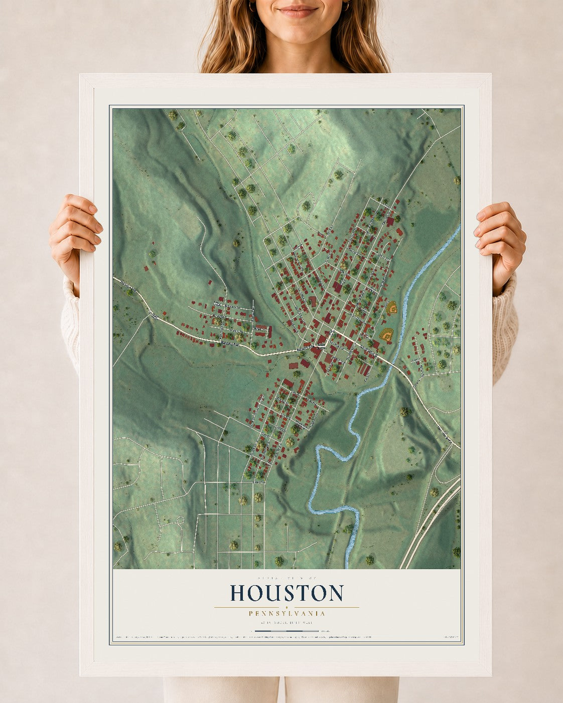 Map of Houston, Pennsylvania, 24 x 36 inch print in a white wood frame
