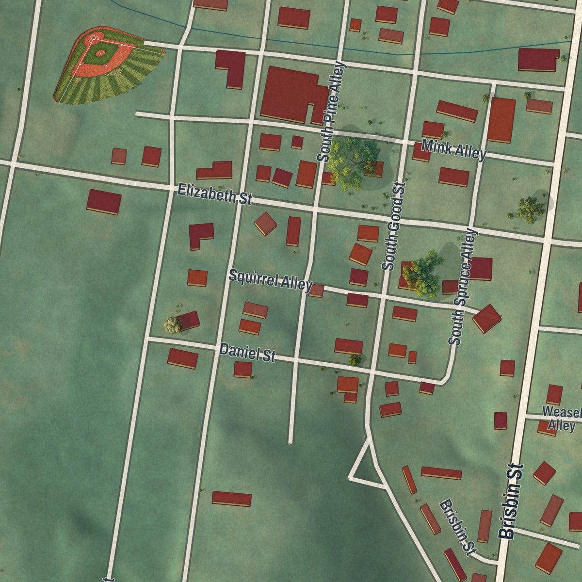 Second close-up of the map of Houtzdale, Pennsylvania print showing more streets and buildings