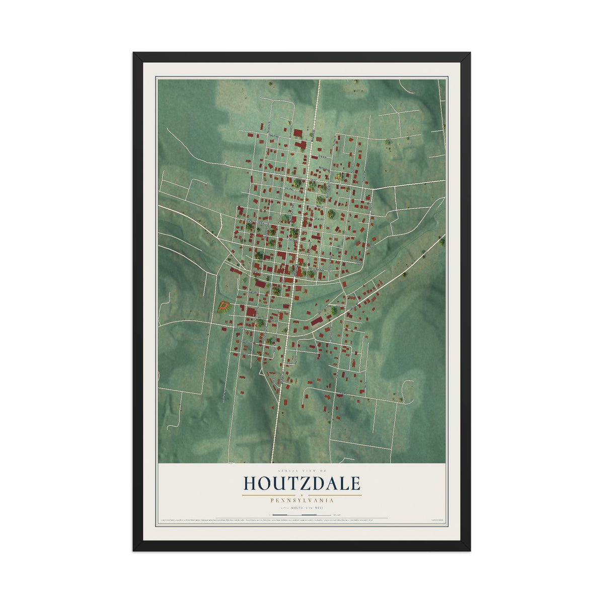 Map of Houtzdale, Pennsylvania, 12 x 18 inch print in a black wood frame