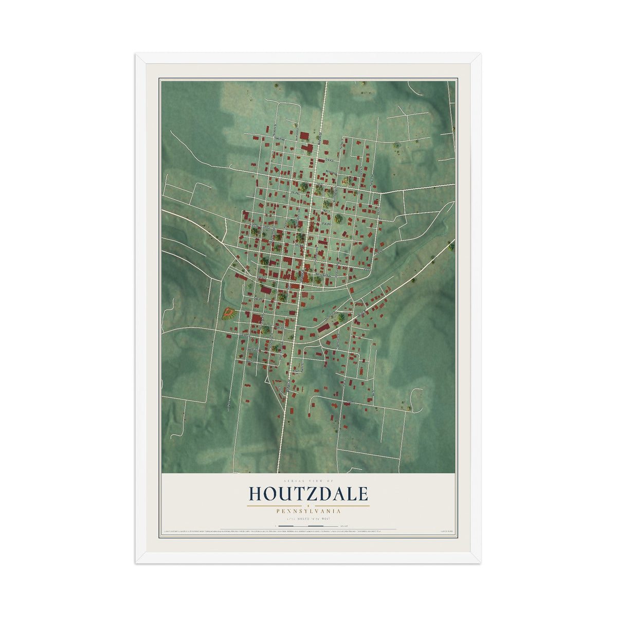 Map of Houtzdale, Pennsylvania, 12 x 18 inch print in a white wood frame