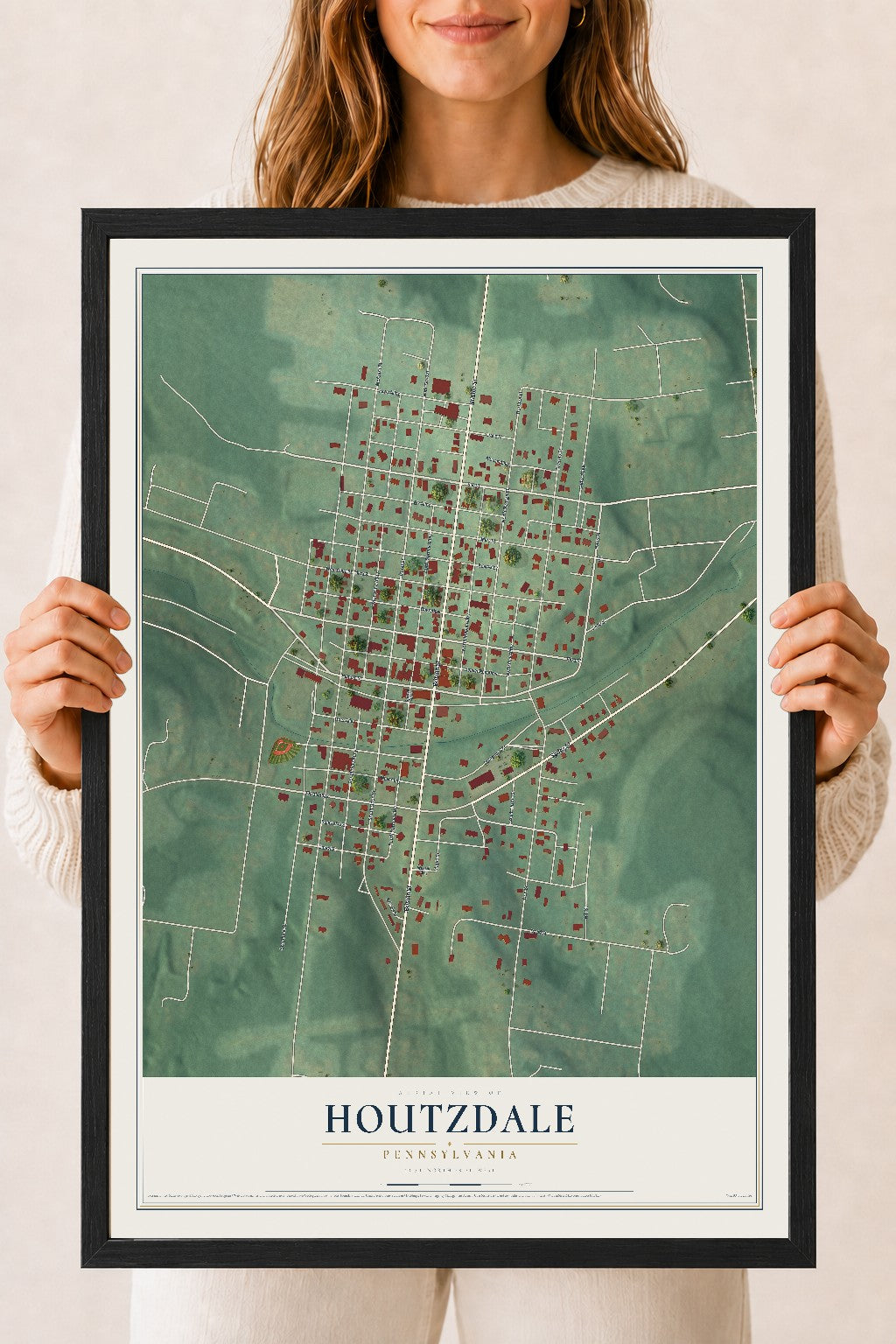 Map of Houtzdale, Pennsylvania, 18 x 24 inch print in a black wood frame