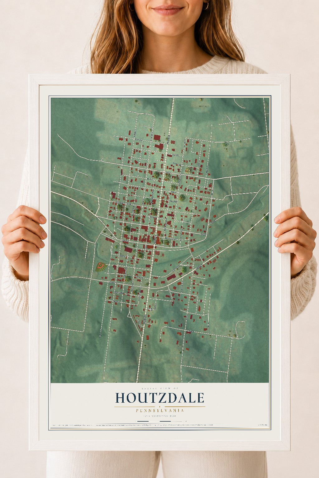 Map of Houtzdale, Pennsylvania, 18 x 24 inch print in a white wood frame