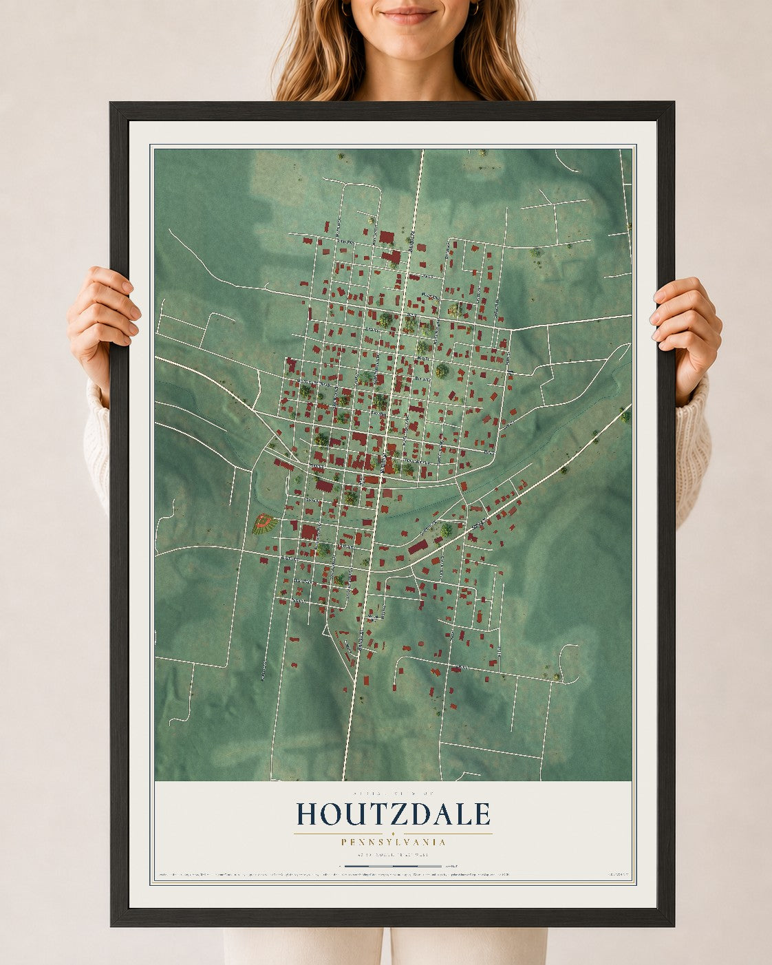Map of Houtzdale, Pennsylvania, 24 x 36 inch print in a black wood frame