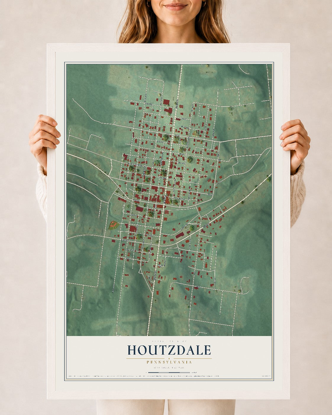 Map of Houtzdale, Pennsylvania, 24 x 36 inch print in a white wood frame