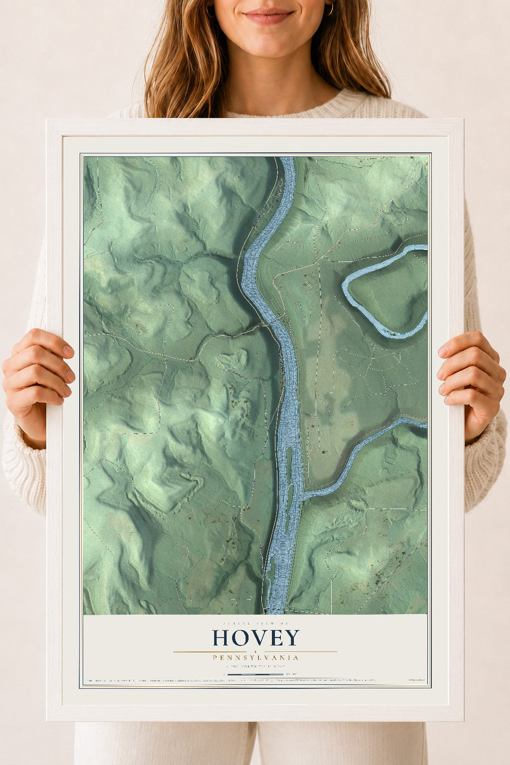 Map of Hovey, Pennsylvania, 18 x 24 inch print in a white wood frame