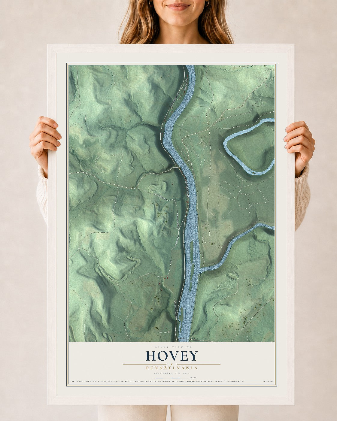 Map of Hovey, Pennsylvania, 24 x 36 inch print in a white wood frame