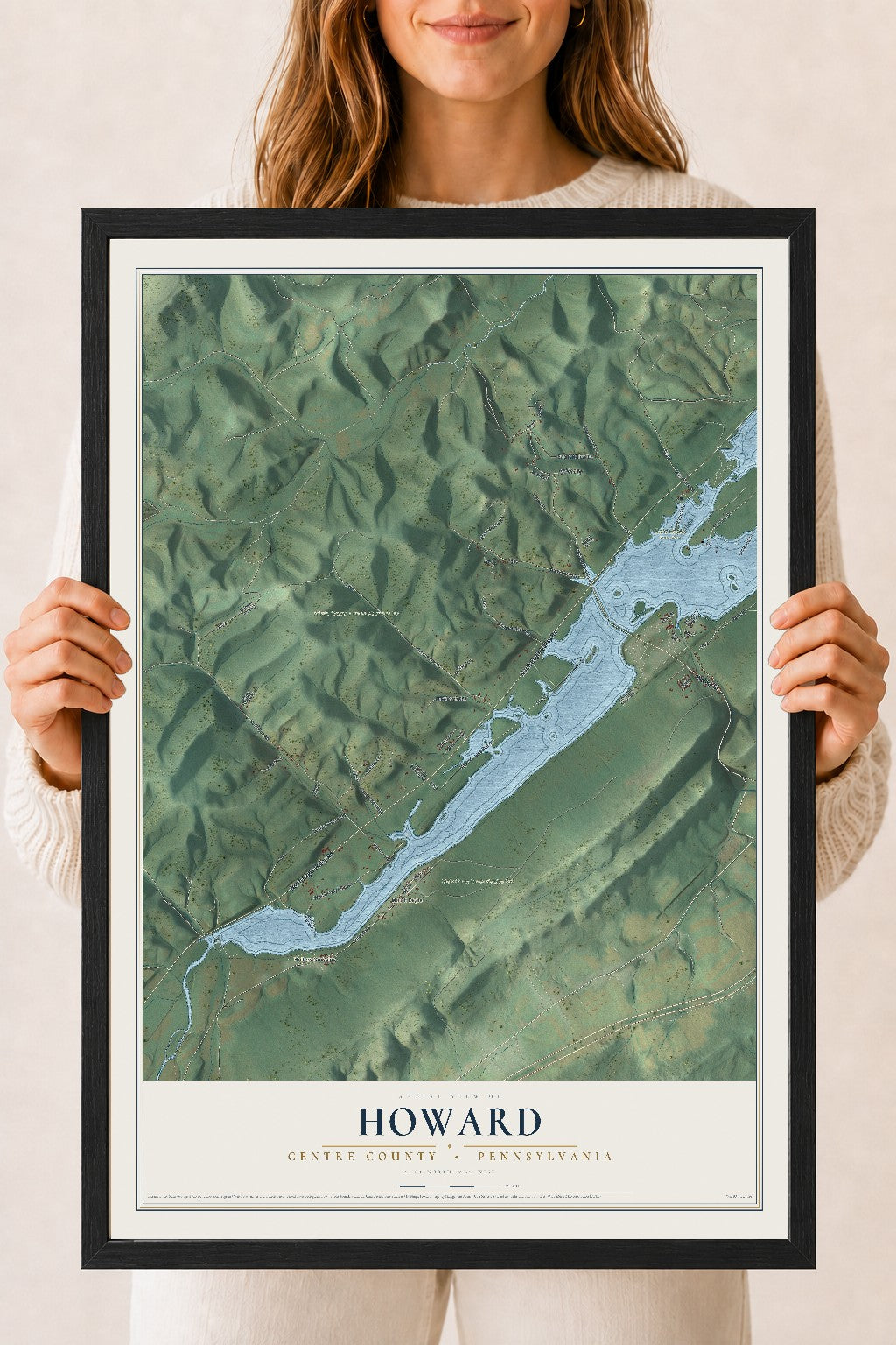 Map of Howard, Centre County, Pennsylvania, 18 x 24 inch print in a black wood frame