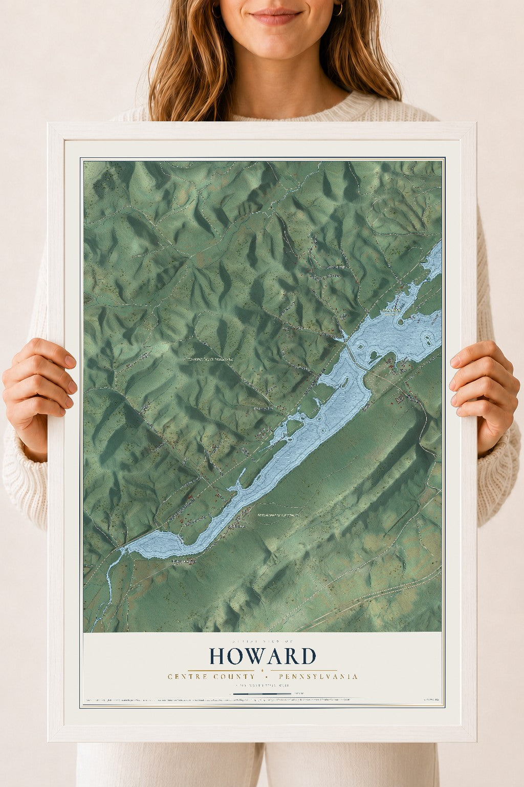 Map of Howard, Centre County, Pennsylvania, 18 x 24 inch print in a white wood frame