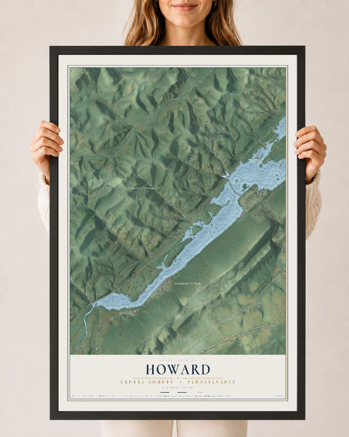 Map of Howard, Centre County, Pennsylvania, 24 x 36 inch print in a black wood frame