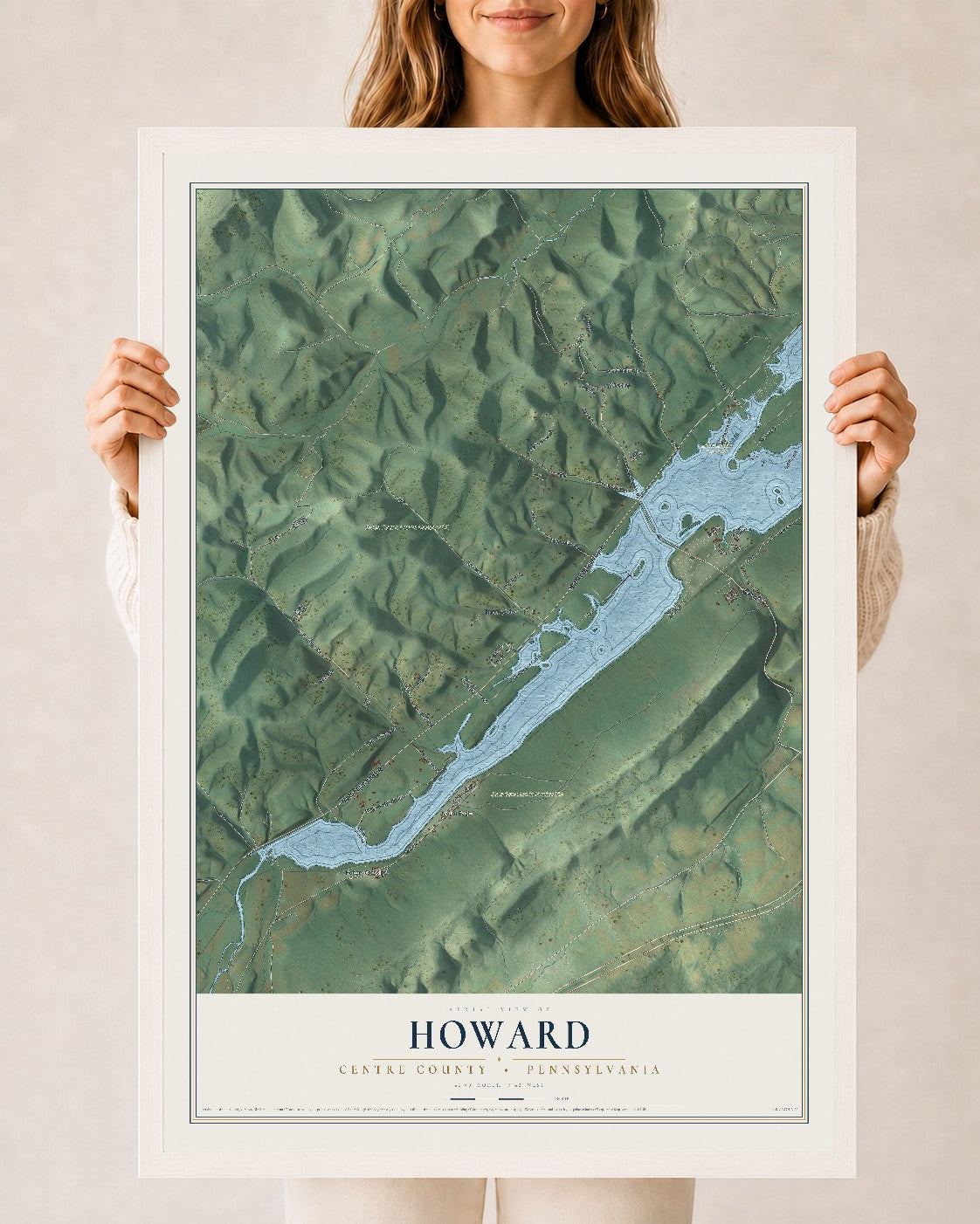 Map of Howard, Centre County, Pennsylvania, 24 x 36 inch print in a white wood frame