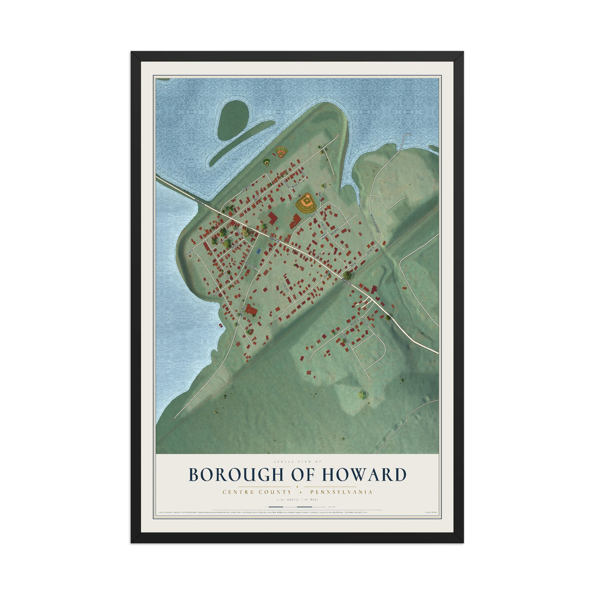 Map of the Borough of Howard, Centre County, Pennsylvania, 12 x 18 inch print in a black wood frame