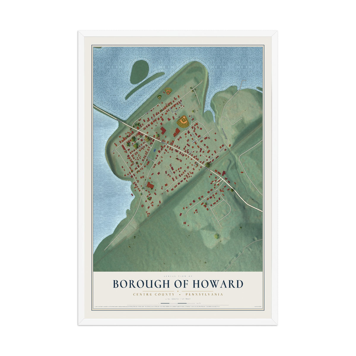 Map of the Borough of Howard, Centre County, Pennsylvania, 12 x 18 inch print in a white wood frame