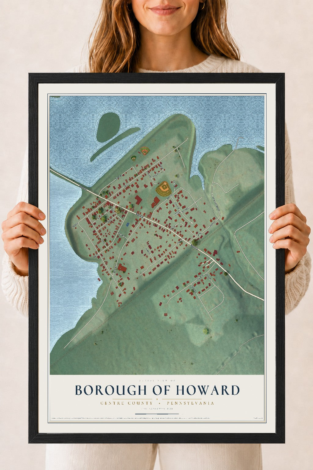 Map of the Borough of Howard, Centre County, Pennsylvania, 18 x 24 inch print in a black wood frame