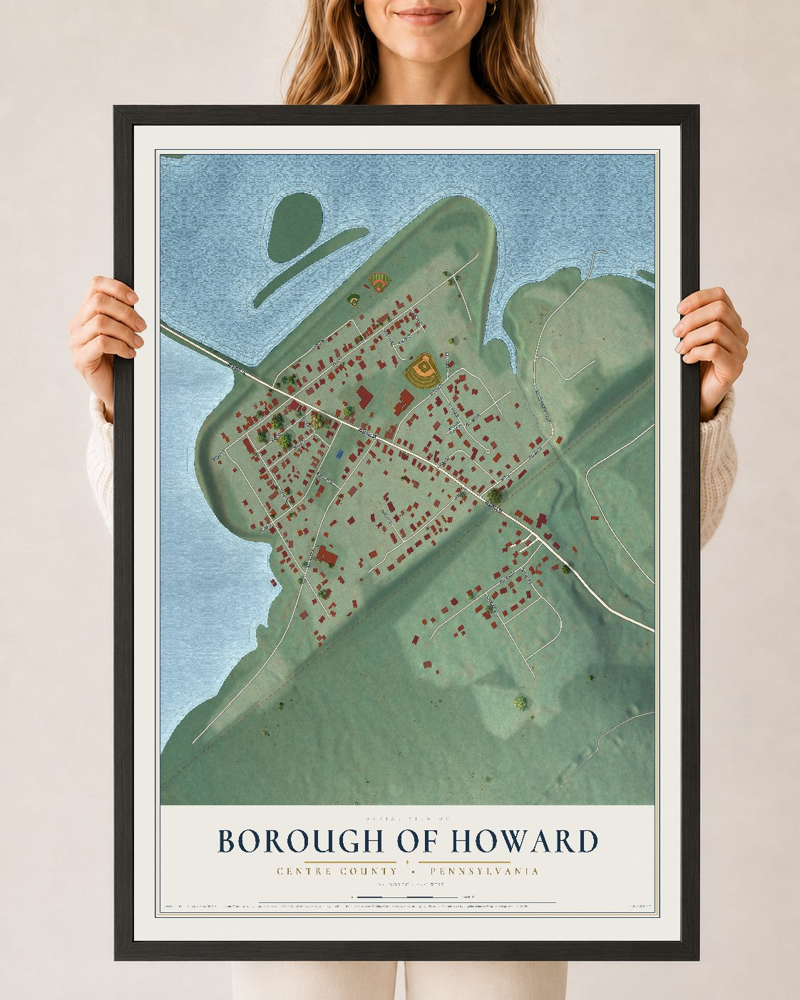 Map of the Borough of Howard, Centre County, Pennsylvania, 24 x 36 inch print in a black wood frame