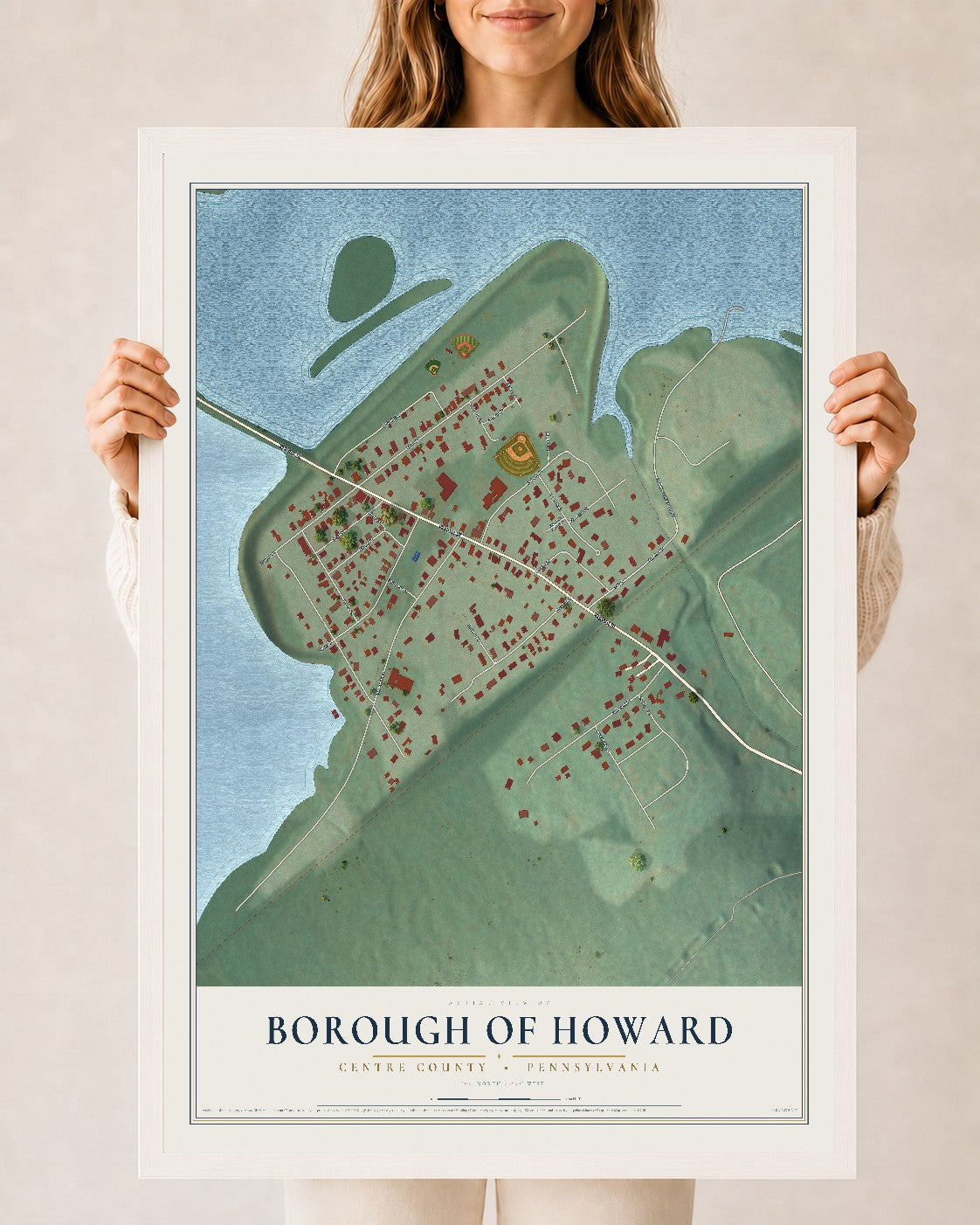 Map of the Borough of Howard, Centre County, Pennsylvania, 24 x 36 inch print in a white wood frame