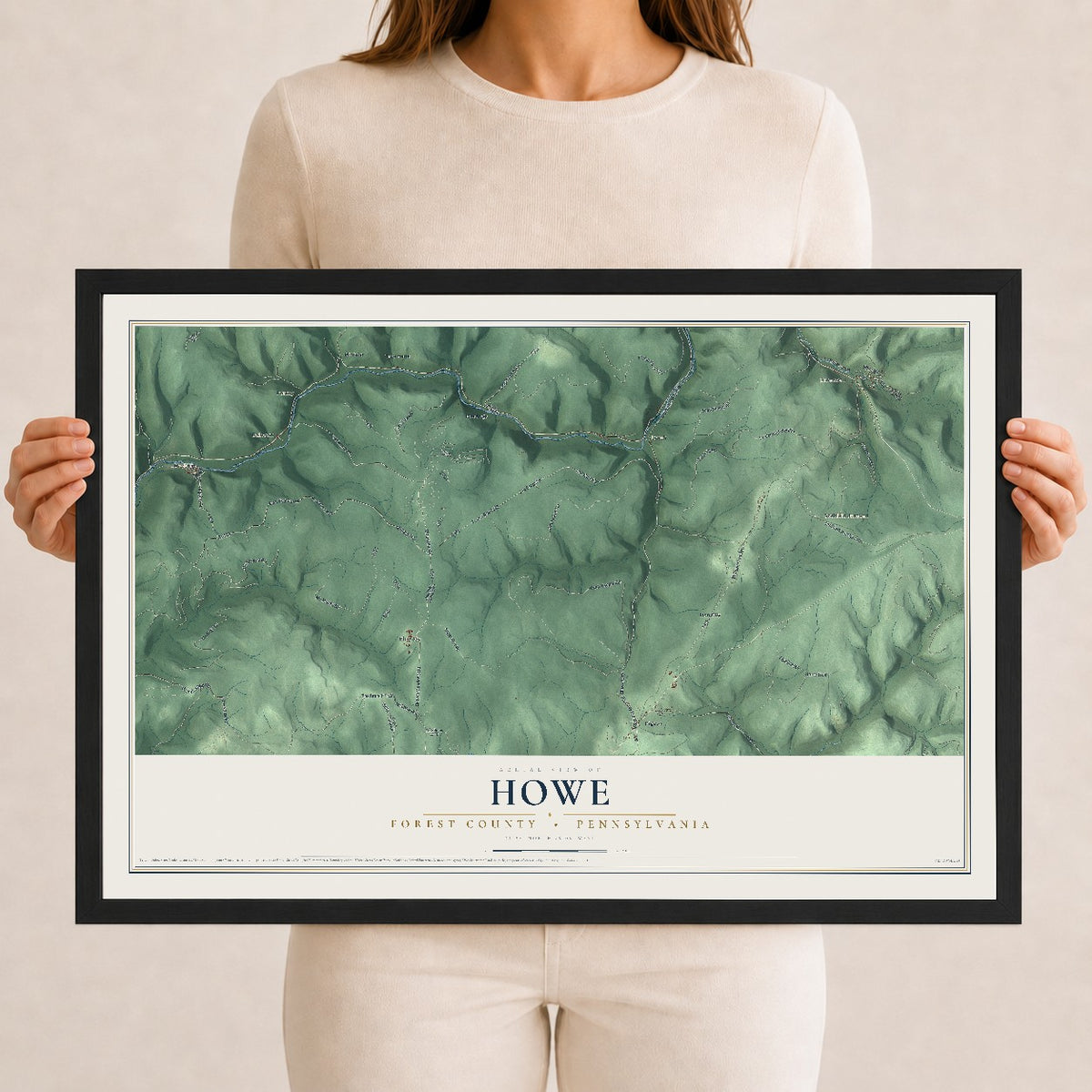 Map of Howe, Forest County, Pennsylvania, 12 x 18 inch print in a black wood frame